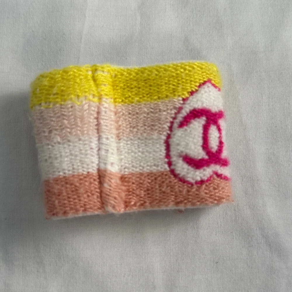 CHANEL Pink White Yellow Striped Knit Wrist Cuff with CC Heart Logo
